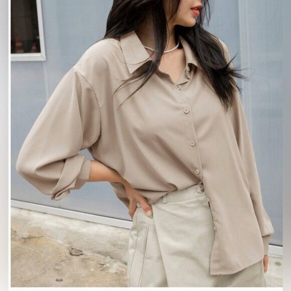 Oversized Front Drop Shoulder Shirt Beige - Picture 1 of 4